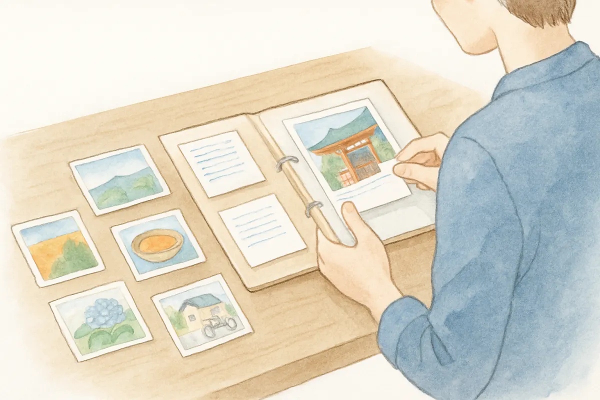 探偵への相談に向けて写真と手がかりをまとめる様子
