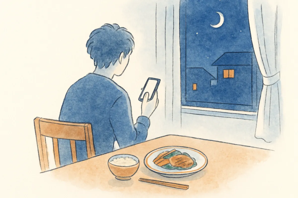 夜のリビングでスマホを手に窓の外を見つめる人の後ろ姿