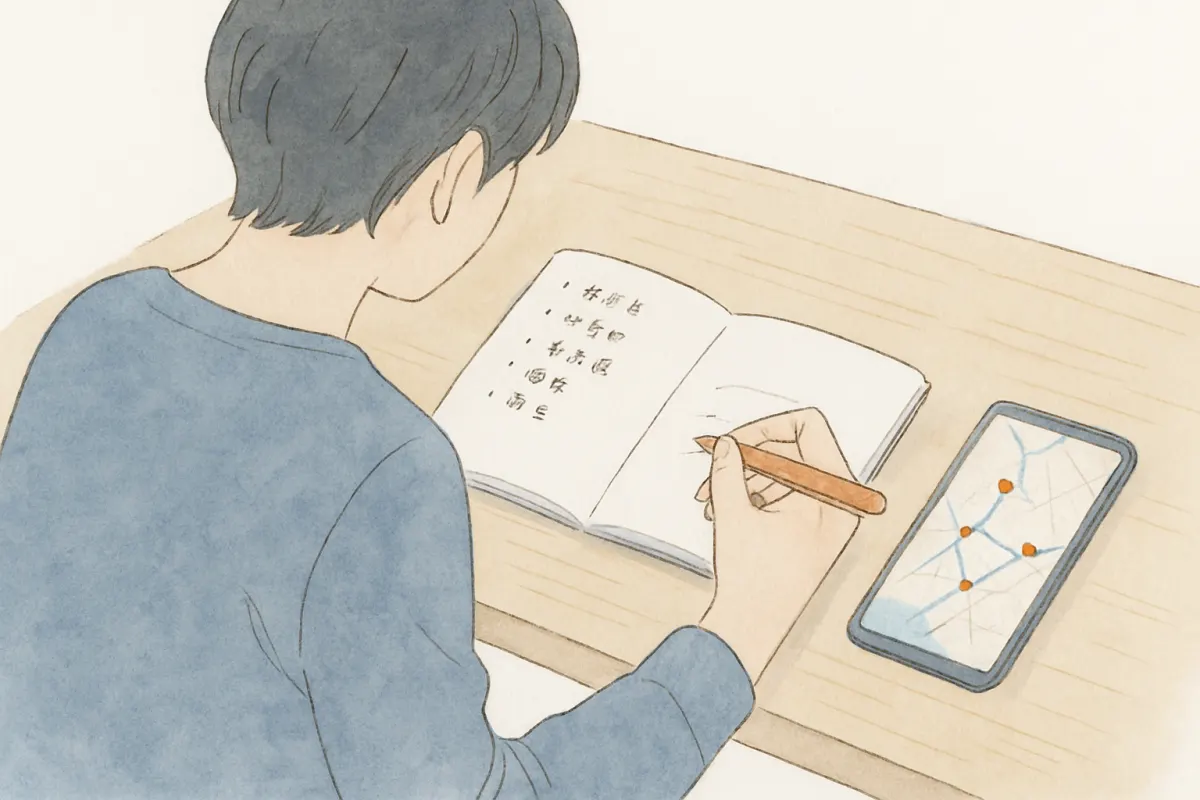 立ち回り先を書き出して捜索の計画を立てる様子