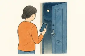 夜の玄関でスマホを手に外を見つめる女性