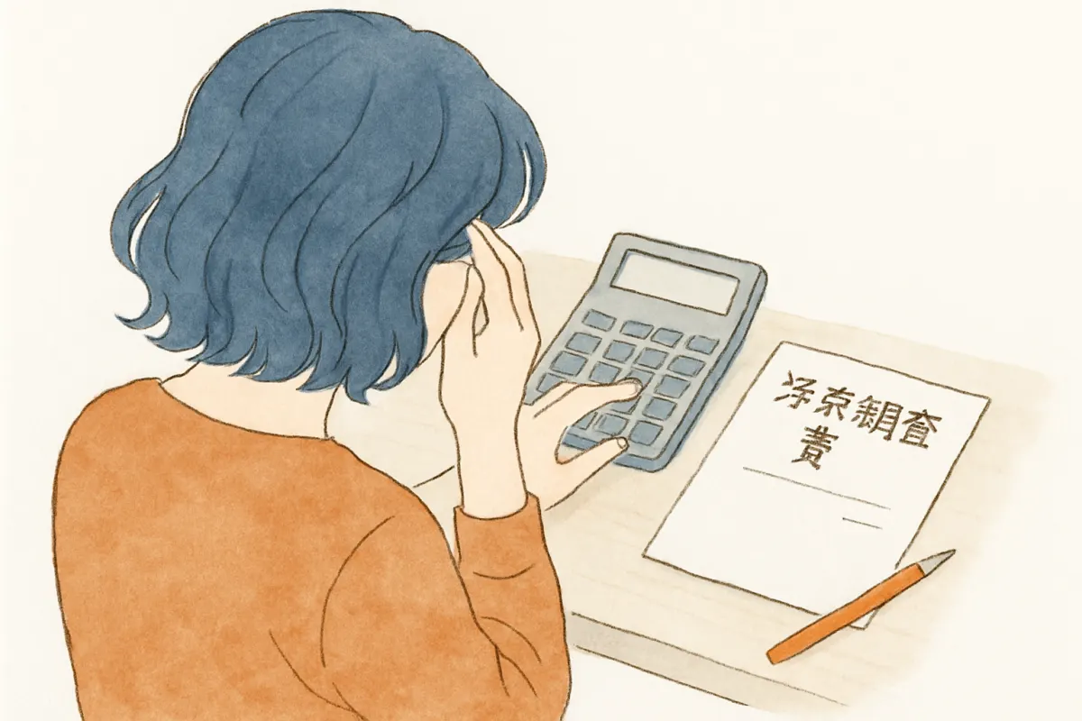 電卓とメモを前に費用を計算しながら考え込む女性の手元