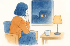 夜の窓辺で帰宅の遅い夫を待つ女性の後ろ姿