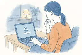 夜のリビングでノートパソコンのログイン画面を前に手を止める女性の手元