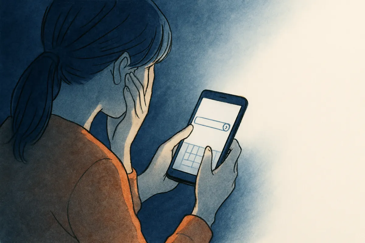 夜の部屋でスマートフォンの検索画面を前にためらう女性の手元