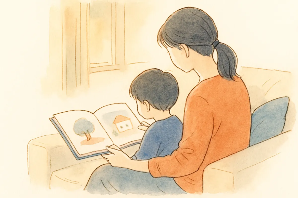 夕方のリビングで子どもと絵本を開く母親の手元