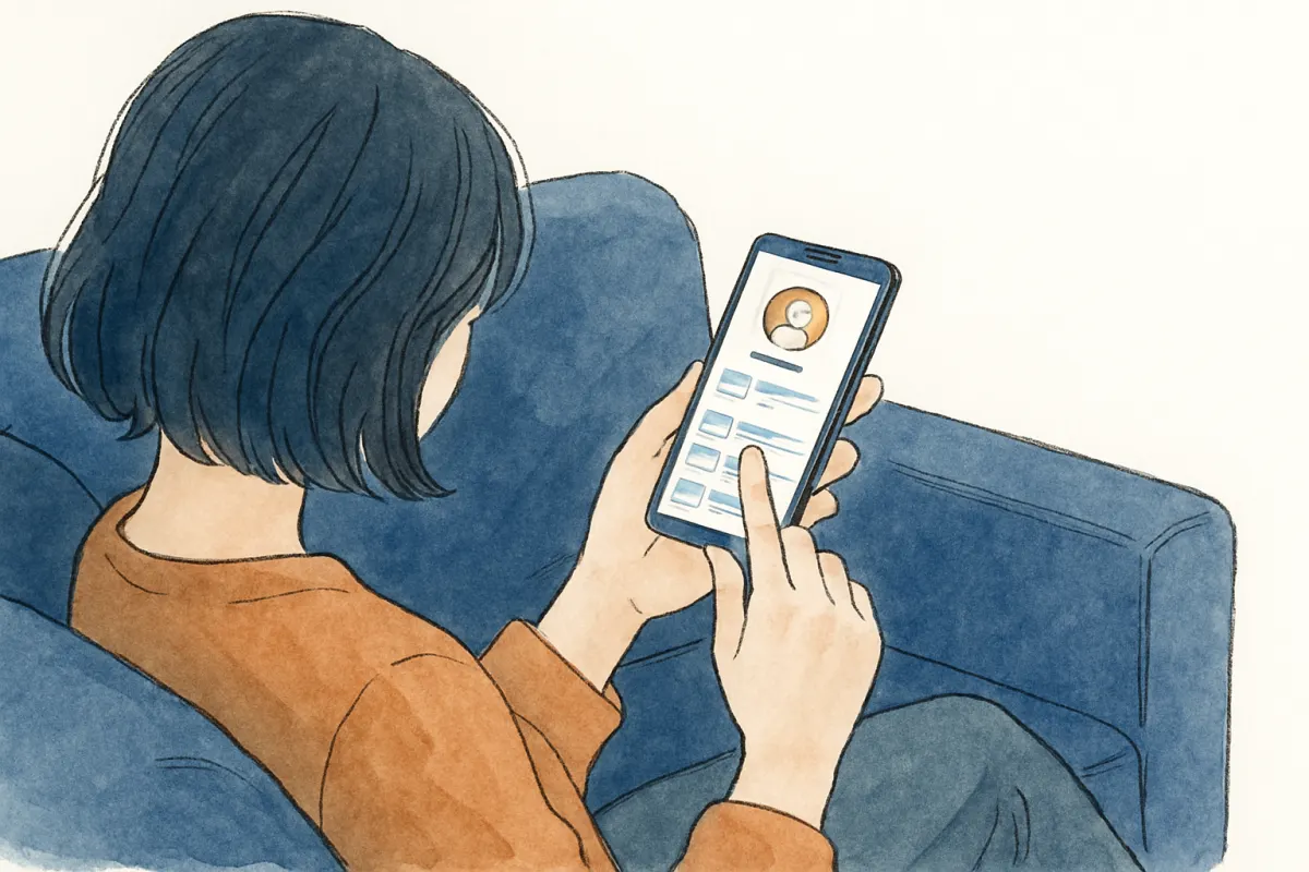 夜のソファでスマホのSNS画面をスクロールする女性の手元