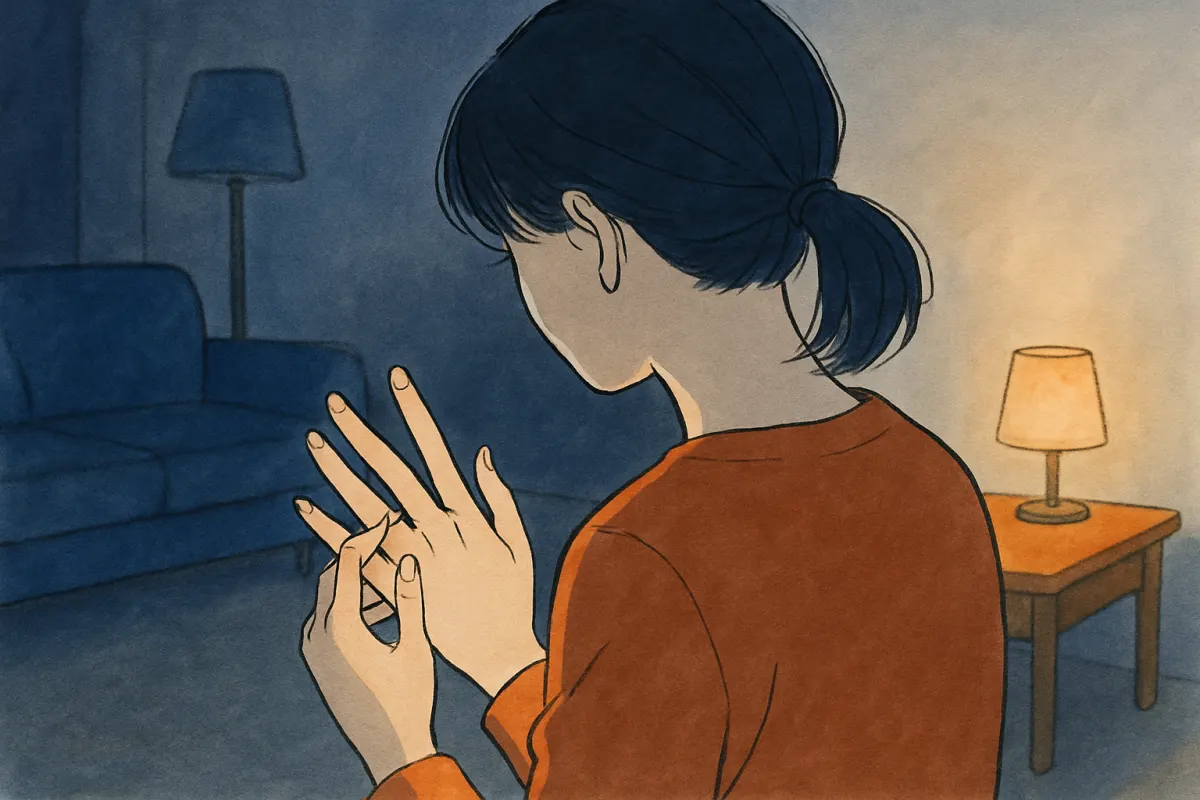 リビングで指輪を見つめながら静かに考える女性の手元