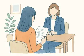 資料を手に真剣な表情で相談窓口に向かう女性の後ろ姿