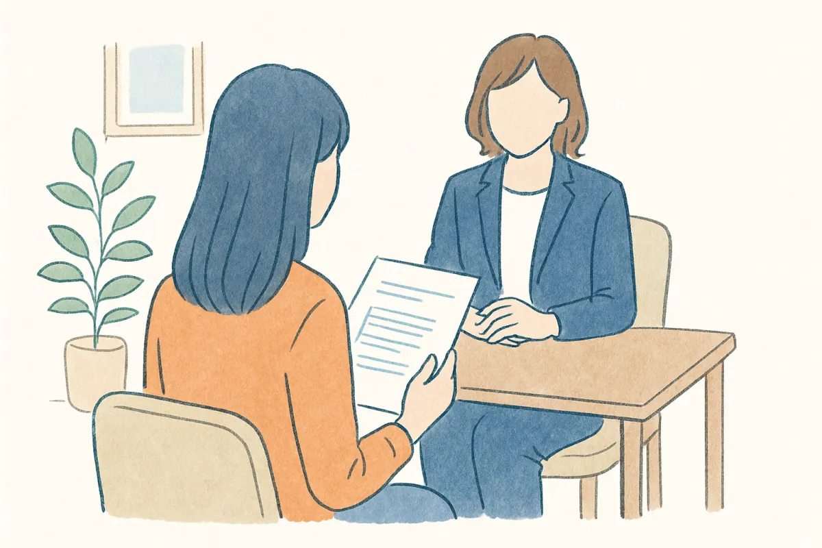 資料を手に真剣な表情で相談窓口に向かう女性の後ろ姿