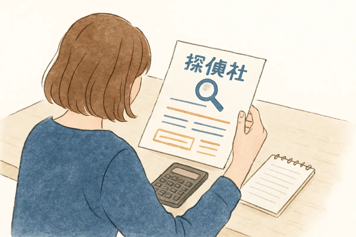 調査費用の見積もりを電卓で確かめる様子