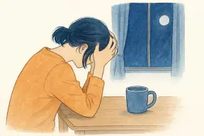 テーブルで頭を抱えて座り込む女性の後ろ姿と冷めたカップ