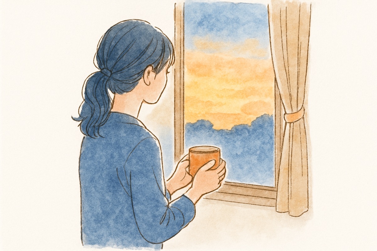 夕暮れの窓辺でマグカップを手に外を眺める女性の後ろ姿