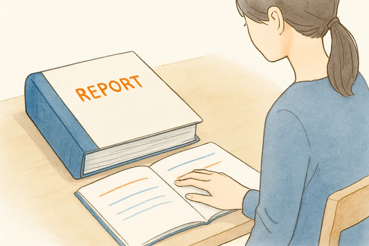 調査報告書の記載内容を確認する様子