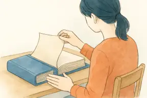 机の上の調査報告書のファイルをめくる女性の手元