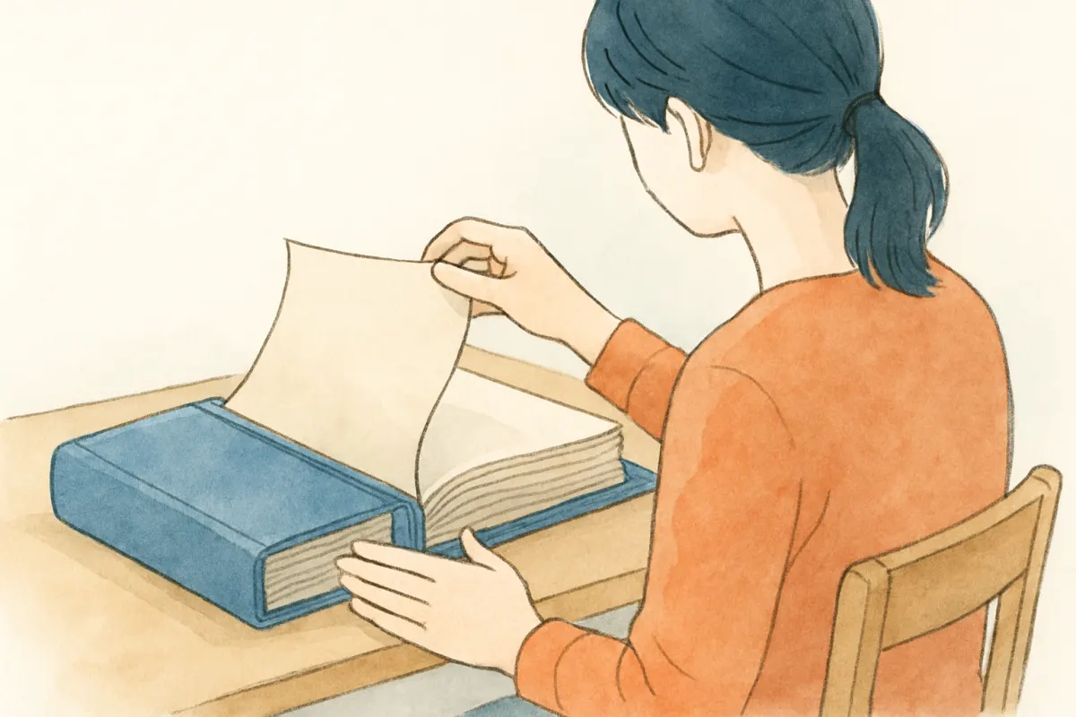 机の上の調査報告書のファイルをめくる女性の手元