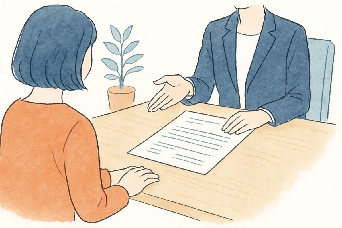 書類を前に説明を受ける女性と落ち着いた相談室の様子