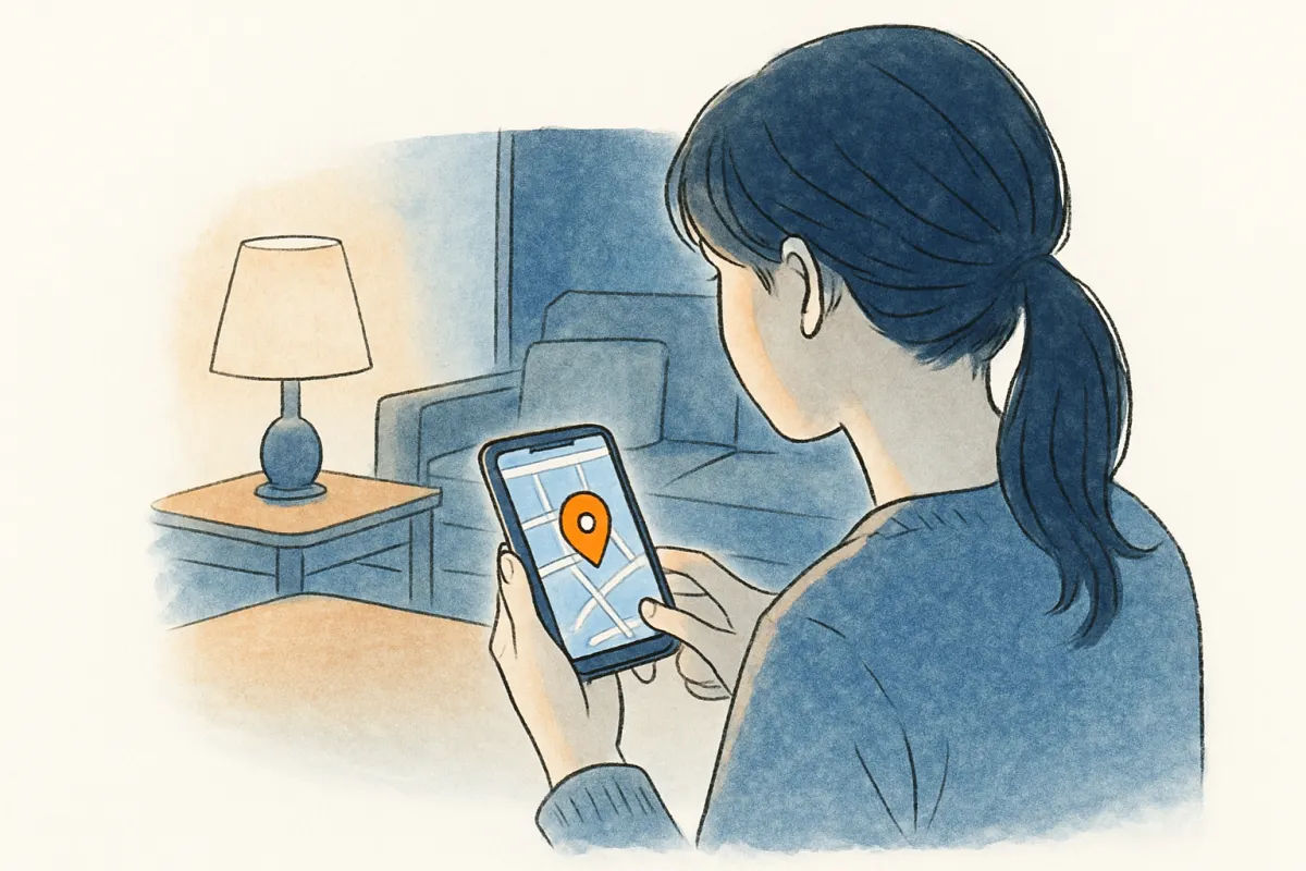 夜のリビングでスマホの地図画面に映るピンを見つめる女性の手元