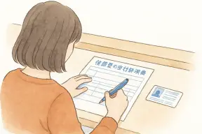 市役所の窓口で交付請求書に記入する女性の手元