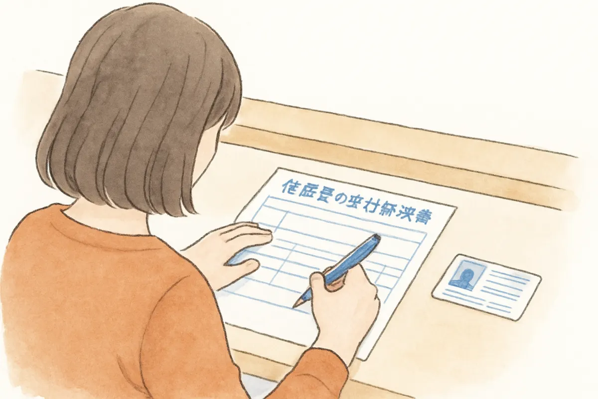 市役所の窓口で交付請求書に記入する女性の手元