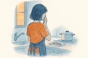 夕方のキッチンで言葉を飲み込むように口元に手を当てる女性の後ろ姿