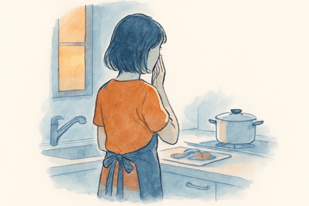 夕方のキッチンで言葉を飲み込むように口元に手を当てる女性の後ろ姿