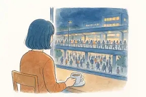 夜の駅前デッキを歩く人々を窓越しに見つめる女性の後ろ姿