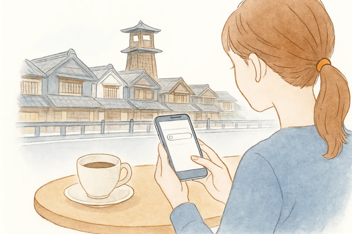 川越の古い街並みを背にスマホで探偵社を検索する女性の手元