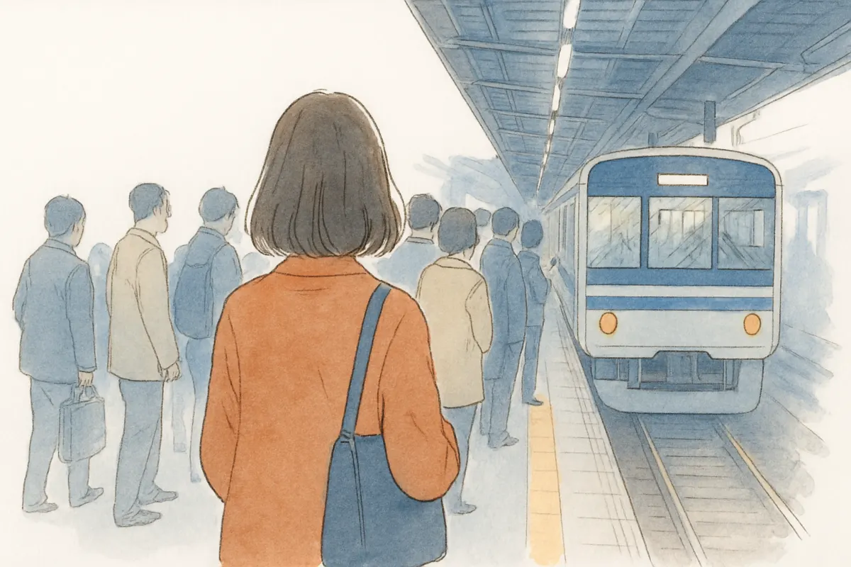 路線の多い川崎の駅で通勤の人波を眺める様子