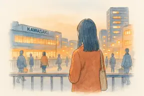 夕暮れの川崎の駅前で行き交う人々を眺める女性の後ろ姿