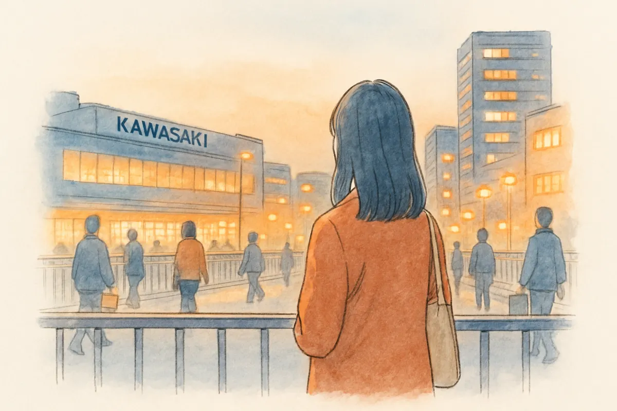 夕暮れの川崎の駅前で行き交う人々を眺める女性の後ろ姿
