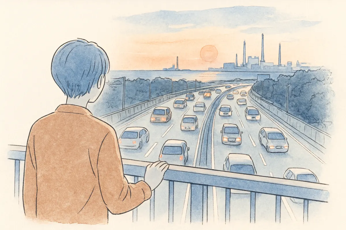 車の交通量が多い北九州の幹線道路を眺める様子