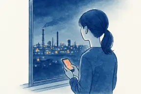 夜の工場地帯の明かりを遠くに望む窓辺で外を見つめる女性の後ろ姿