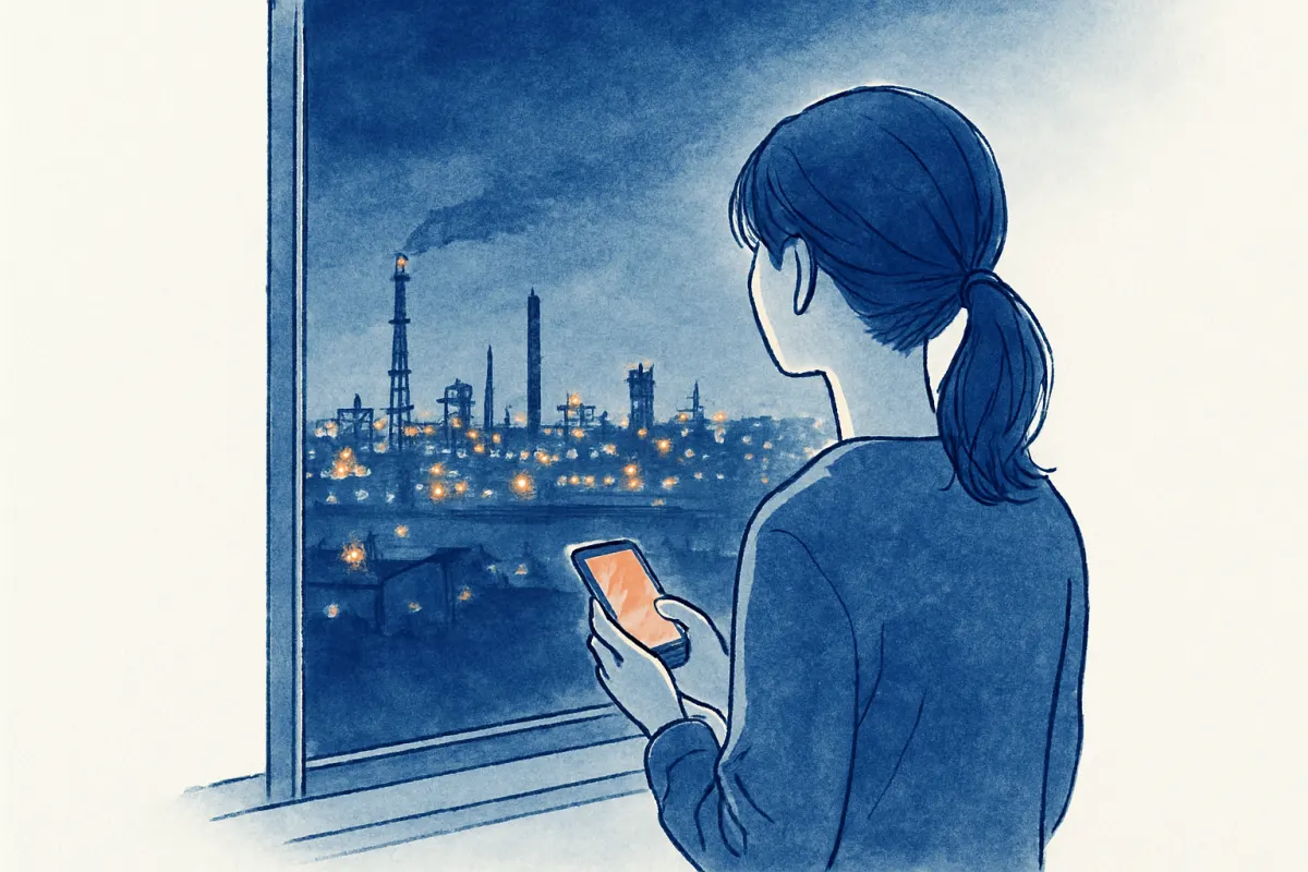 夜の工場地帯の明かりを遠くに望む窓辺で外を見つめる女性の後ろ姿