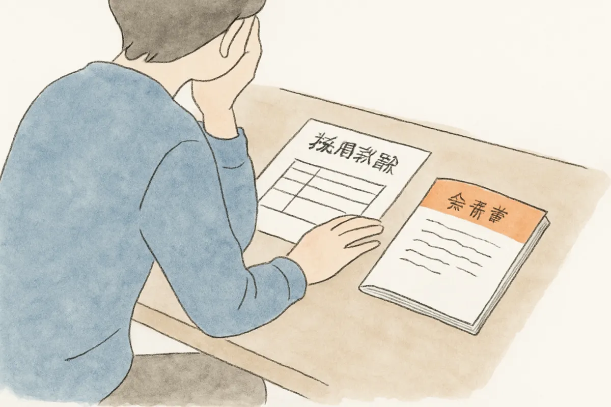 採用試験の願書と参考書を机に広げて考え込む手元