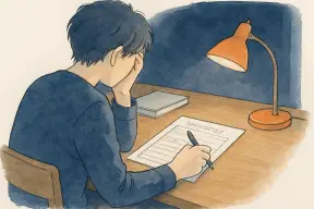 夜の机で採用試験の書類を前に考え込む人の手元