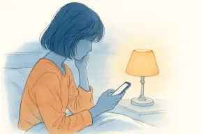 夜の部屋でスマホを手に不安そうに考え込む女性
