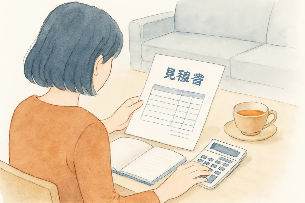 電卓とノートを前に見積書を確認する女性の手元