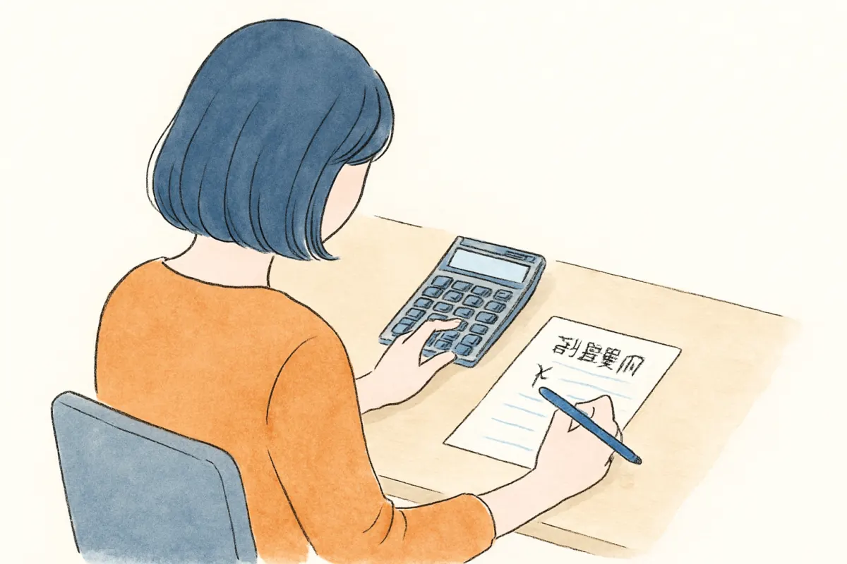 電卓とメモで調査費用を計算する女性の手元