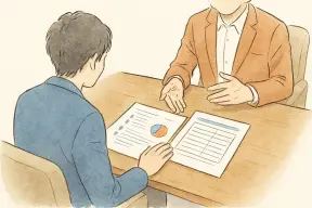 落ち着いた応接室で説明資料を挟んで相談する場面の手元