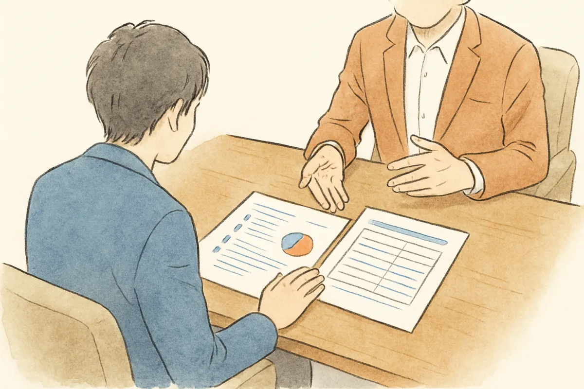 落ち着いた応接室で説明資料を挟んで相談する場面の手元