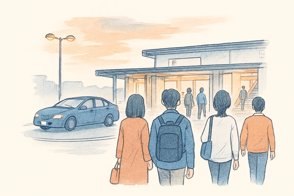 電車と車の移動が混在する久留米の駅前のイメージ