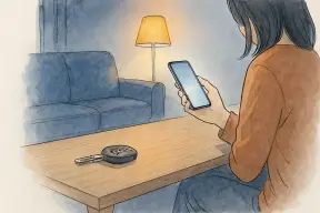 夜のリビングで車の鍵のそばに置いたスマホを見つめる女性の手元