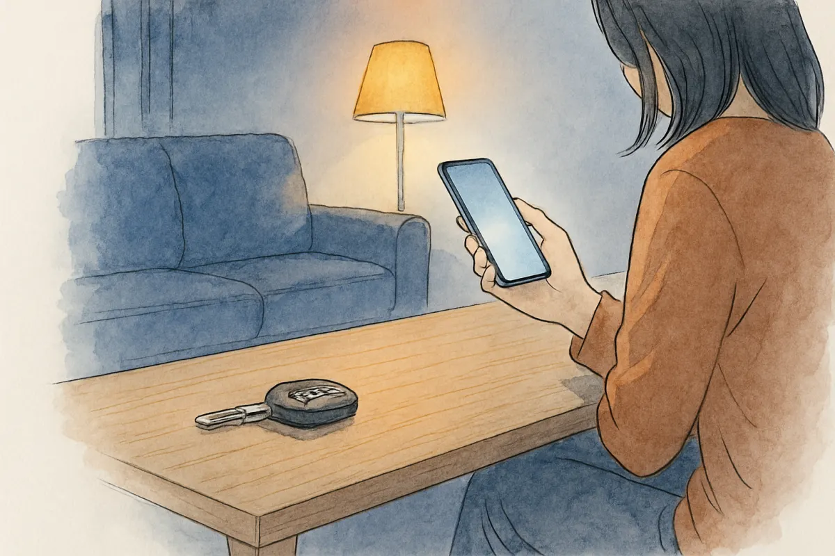 夜のリビングで車の鍵のそばに置いたスマホを見つめる女性の手元