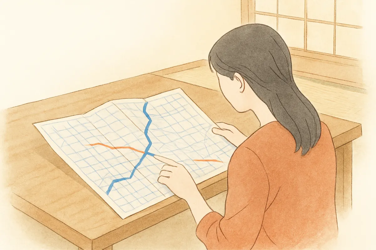 京都の市街地の地図と調査費用を照合する様子