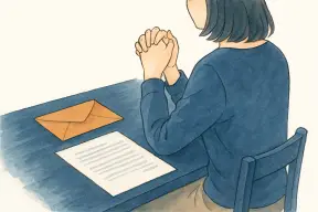 夜の机で封筒と書類を前に置き、静かに手を組む女性の手元