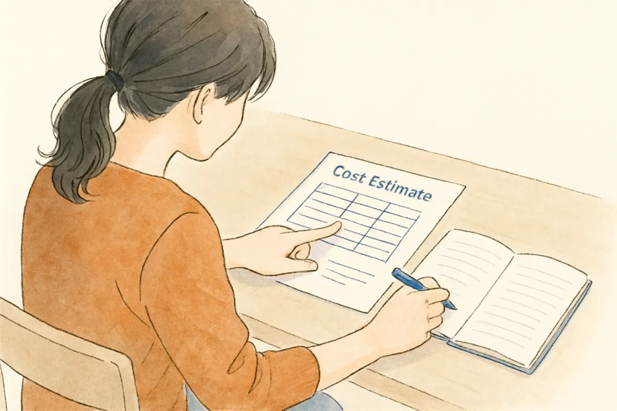 弁護士費用の見積書を確認しながらメモを取る様子