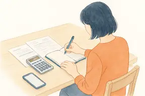 相談資料と電卓をテーブルに置きノートに書き込む女性の手元