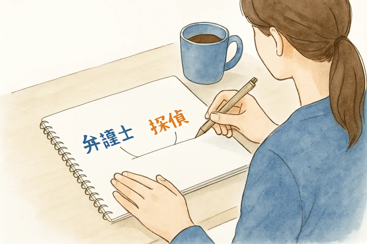 弁護士と探偵にできることをノートに書き分けて整理する様子