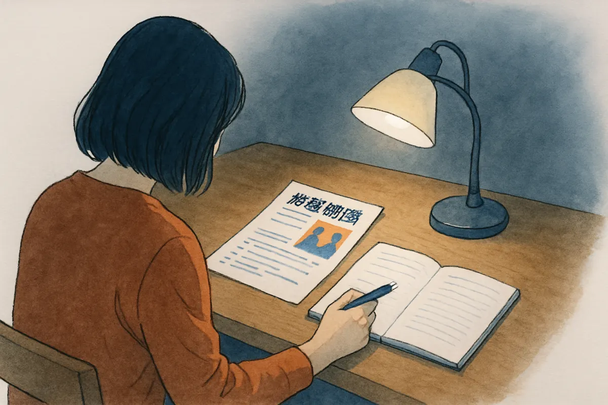 夜の部屋で法律事務所の資料とスマホを前に考える女性の手元