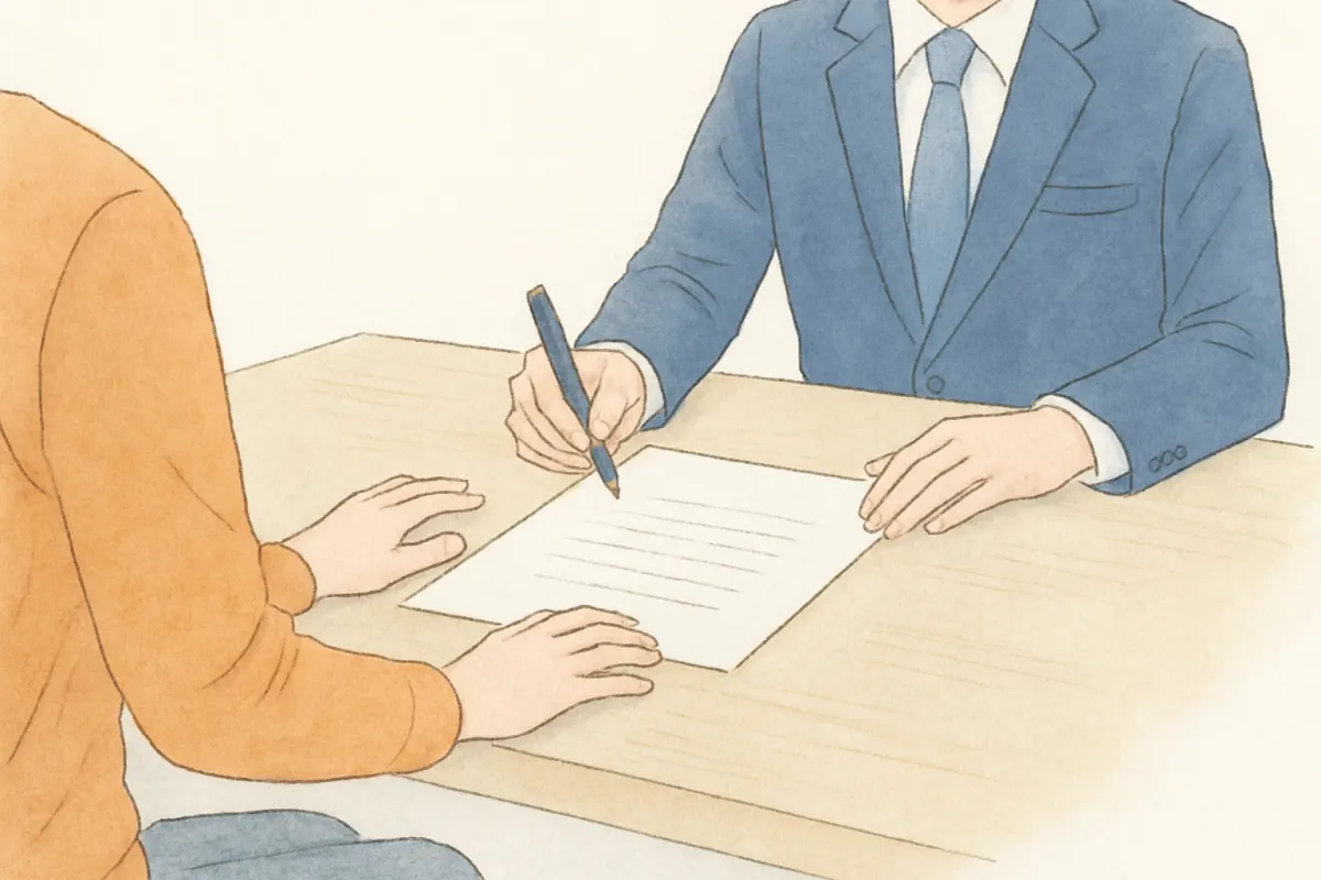 法律事務所の相談室で書類を挟んで相談する依頼者の手元